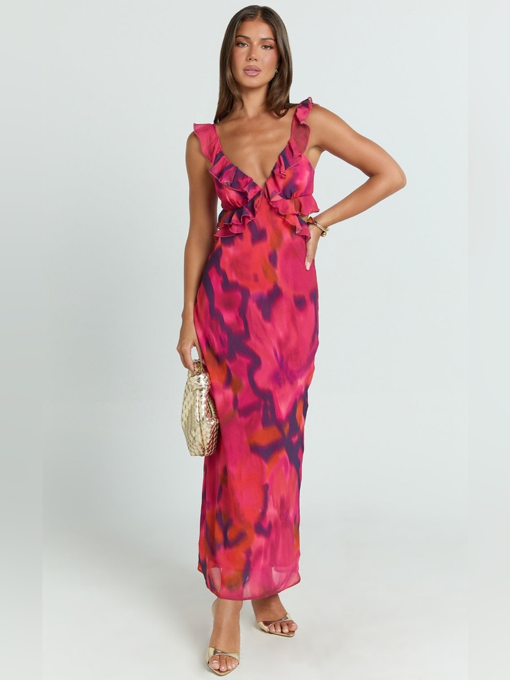 Showpo Pink Multi Ruffle V-Neck Maxi Dress